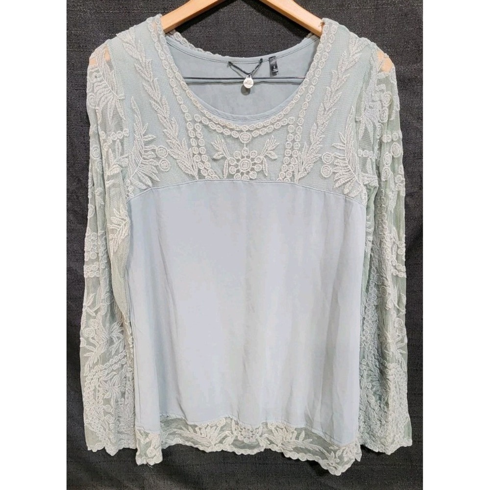 BKE Boutique Women's Sage Mint Top Bohemian Lace Long Sleeve Sz S‎ 70s Vibe EUC